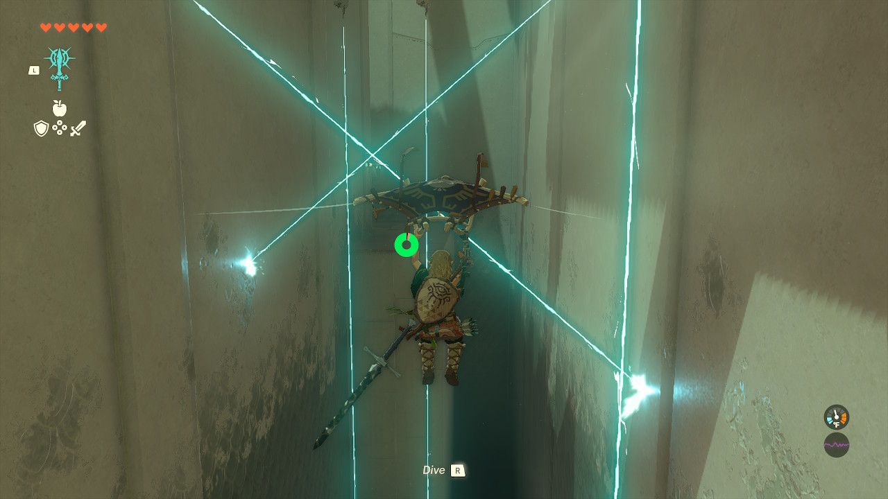 Link Glides Toward Right Gap In Lasers In Gatakis Shrine in The Legend Of Zelda Tears Of The Kingdom.