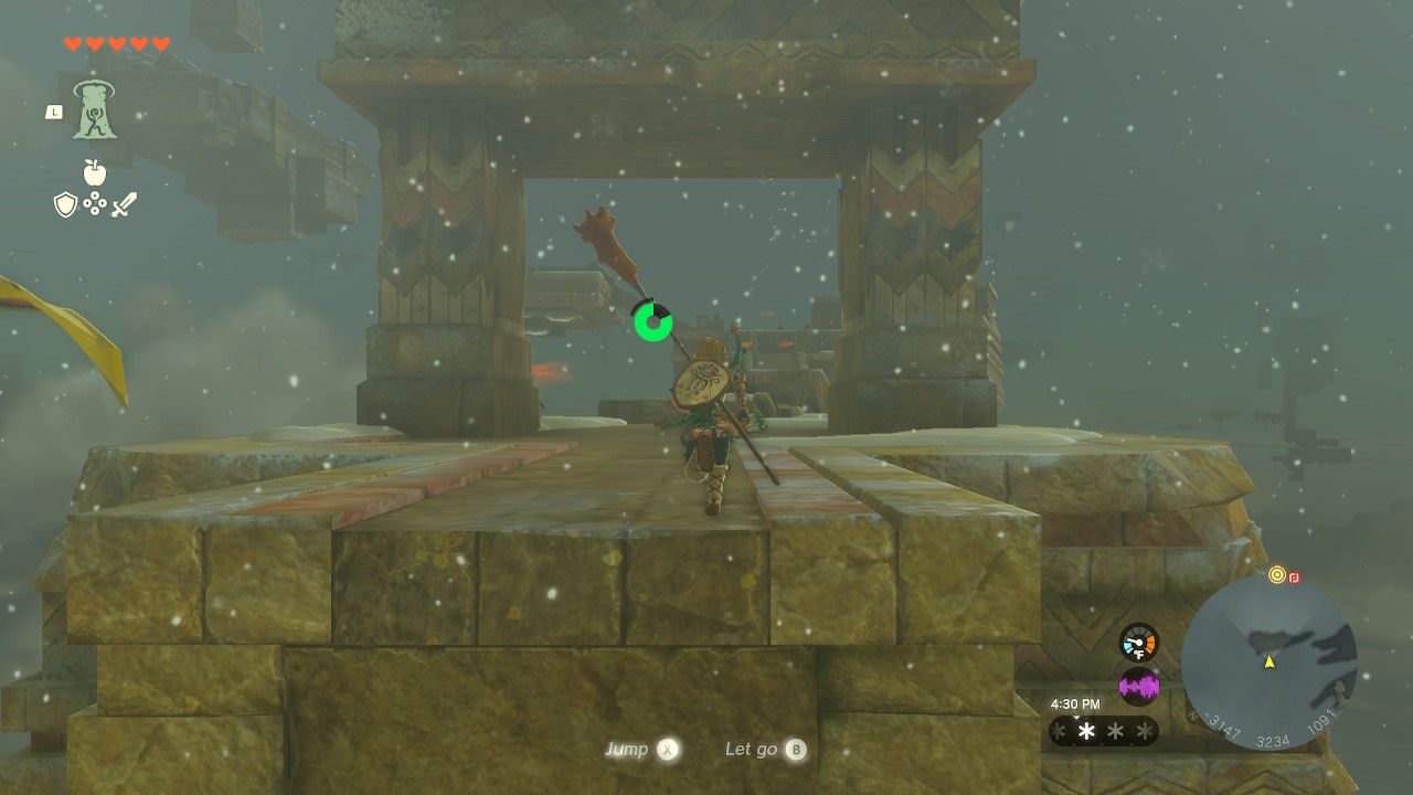Link Finishes Running Across Falling Bridge Toward Large Staircase Gateway In Tears Of The Kingdom