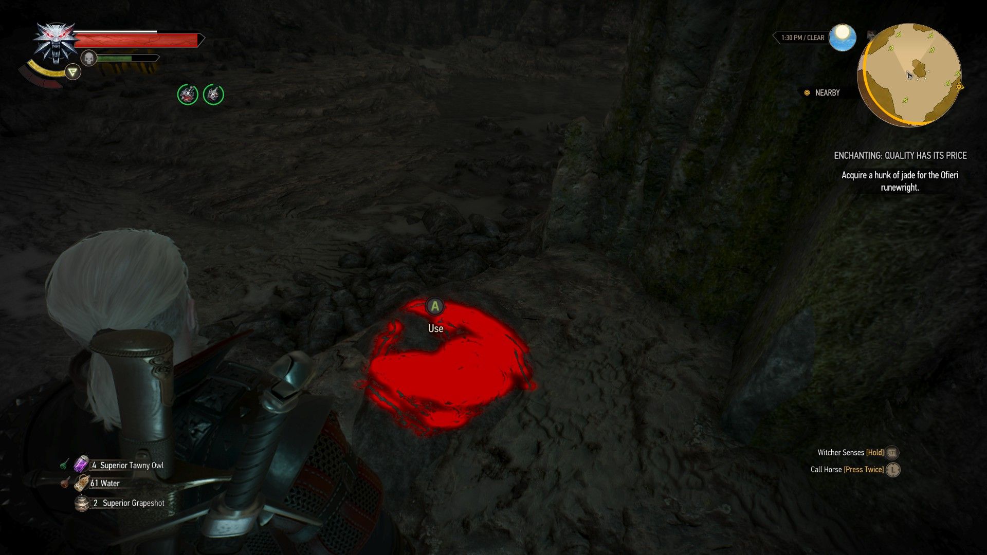 A screenshot of Geralt looking at a pile of jade highlighted with his Witcher Senses in red.
