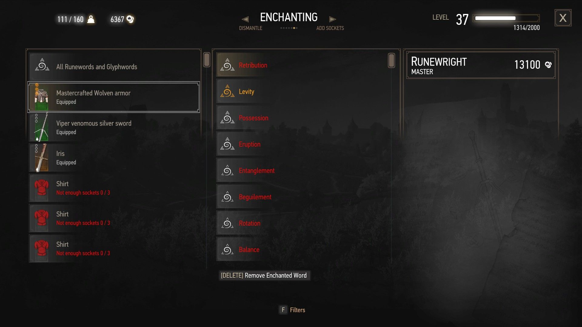 A screenshot of The Witcher 3's enchanting menu, with weapon enchantments on the screen.