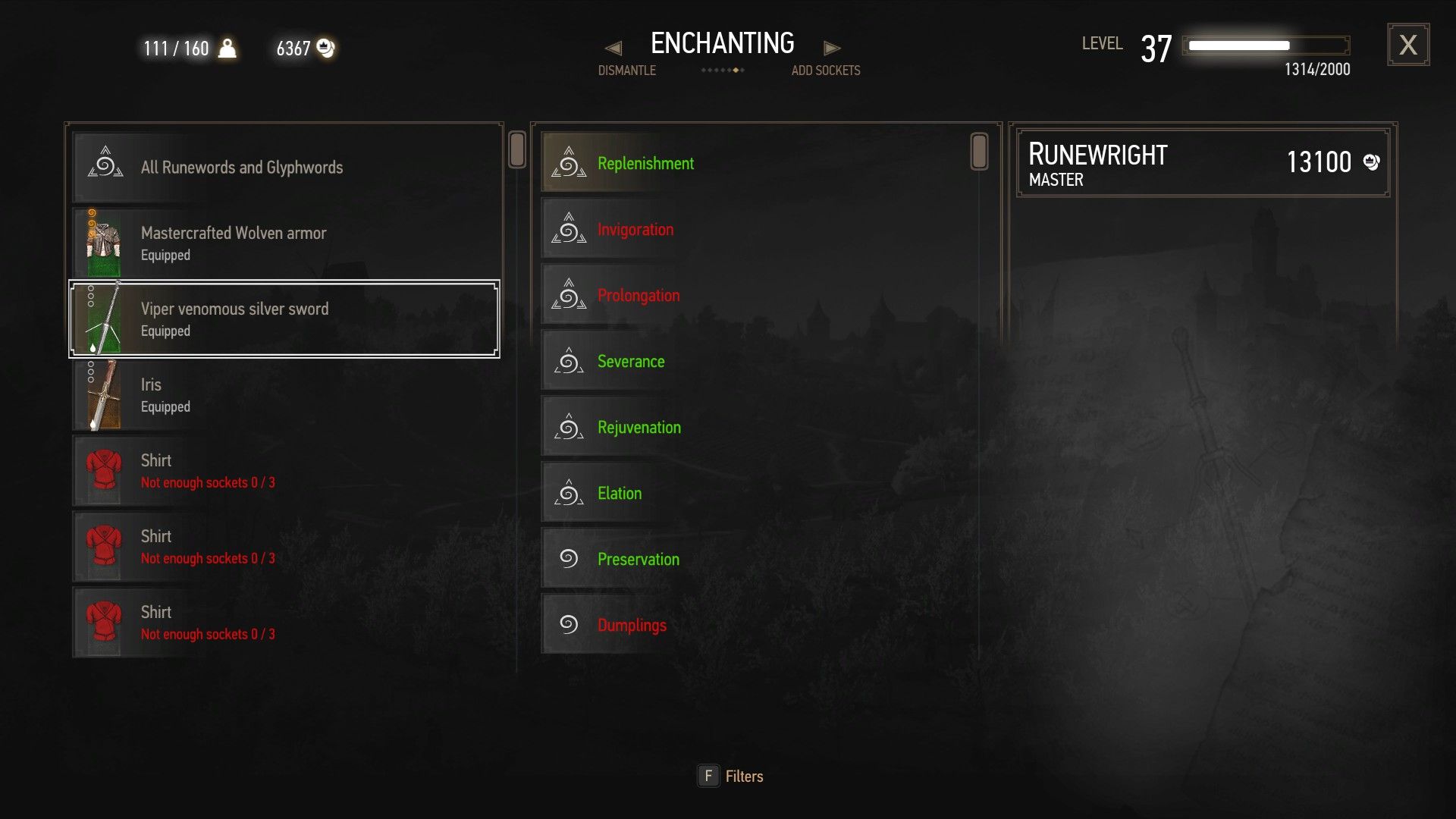 A screenshot of The Witcher 3's enchanting menu, with weapon enchantments on the screen.