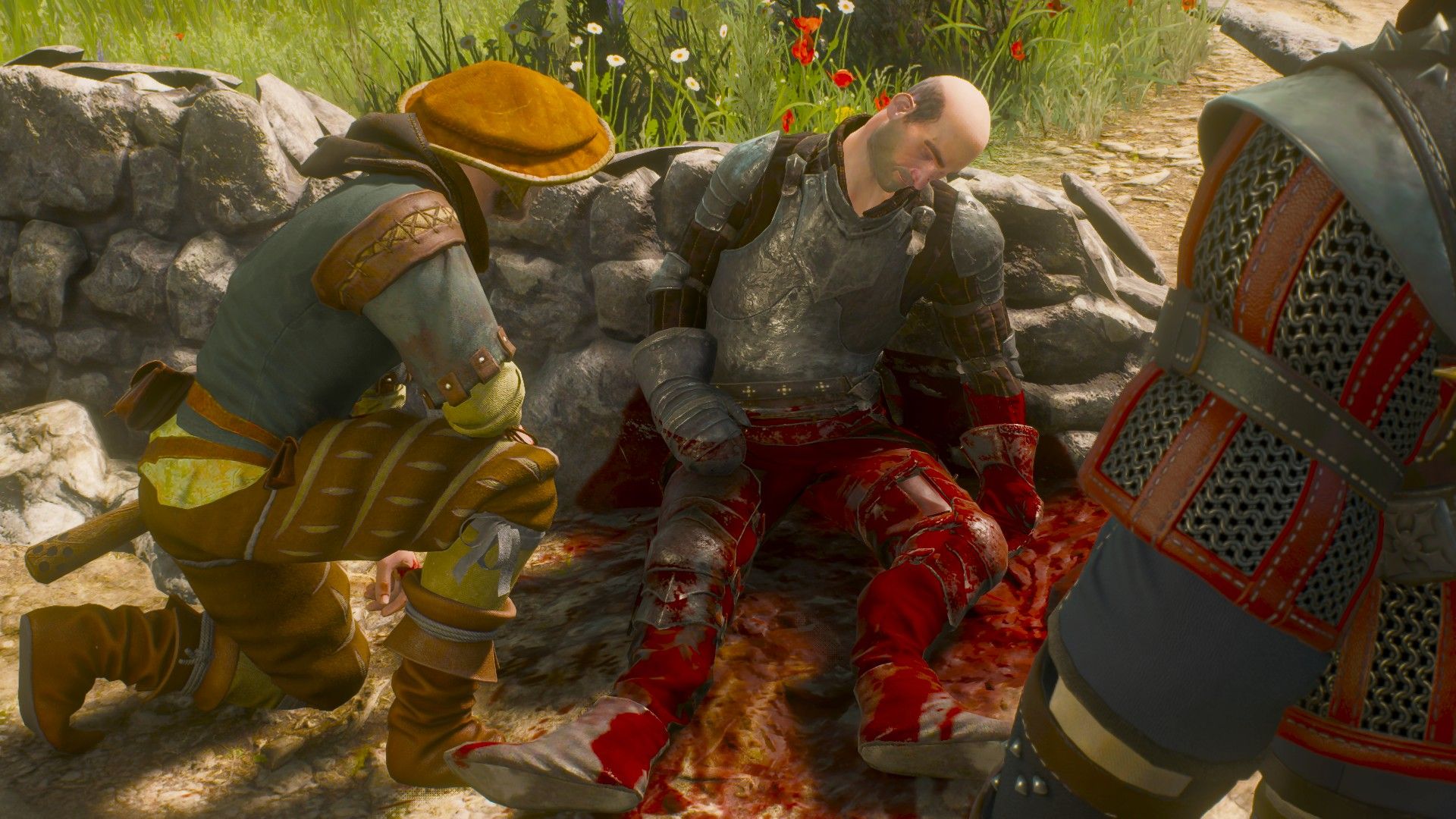 Geralt and another man investigate a blood-soaked corpse on a road in Toussaint.