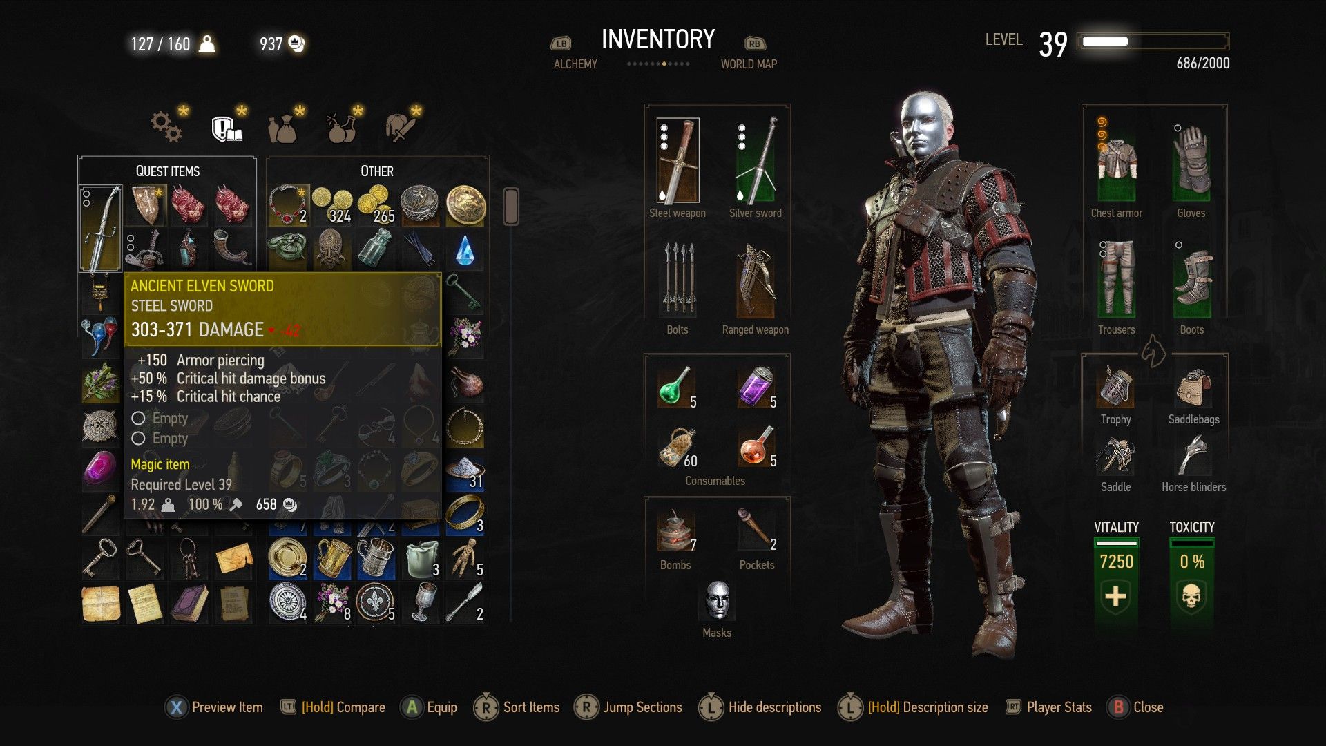 A screenshot of The Witcher 3's inventory screen with a weapon's location indicated.