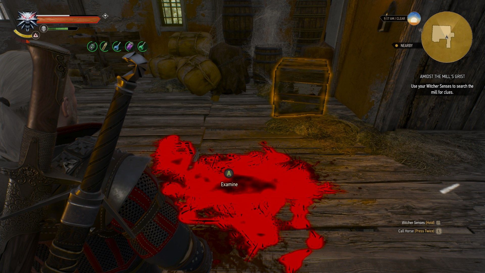A screenshot of Geralt's Witcher Senses highlighting a pool of blood in red.