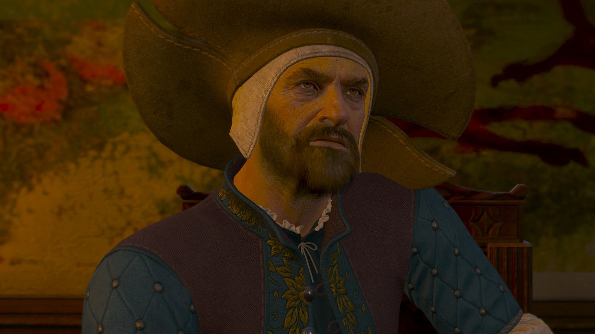 A grizzled looking man with an archaic hat talks to Geralt with a serious expression on his face.