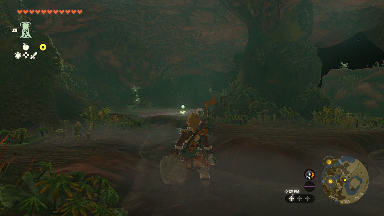 The Legend Of Zelda: Tears Of The Kingdom Link Runs Along Left Wall While Throwing Brightbloom Seeds In Cave