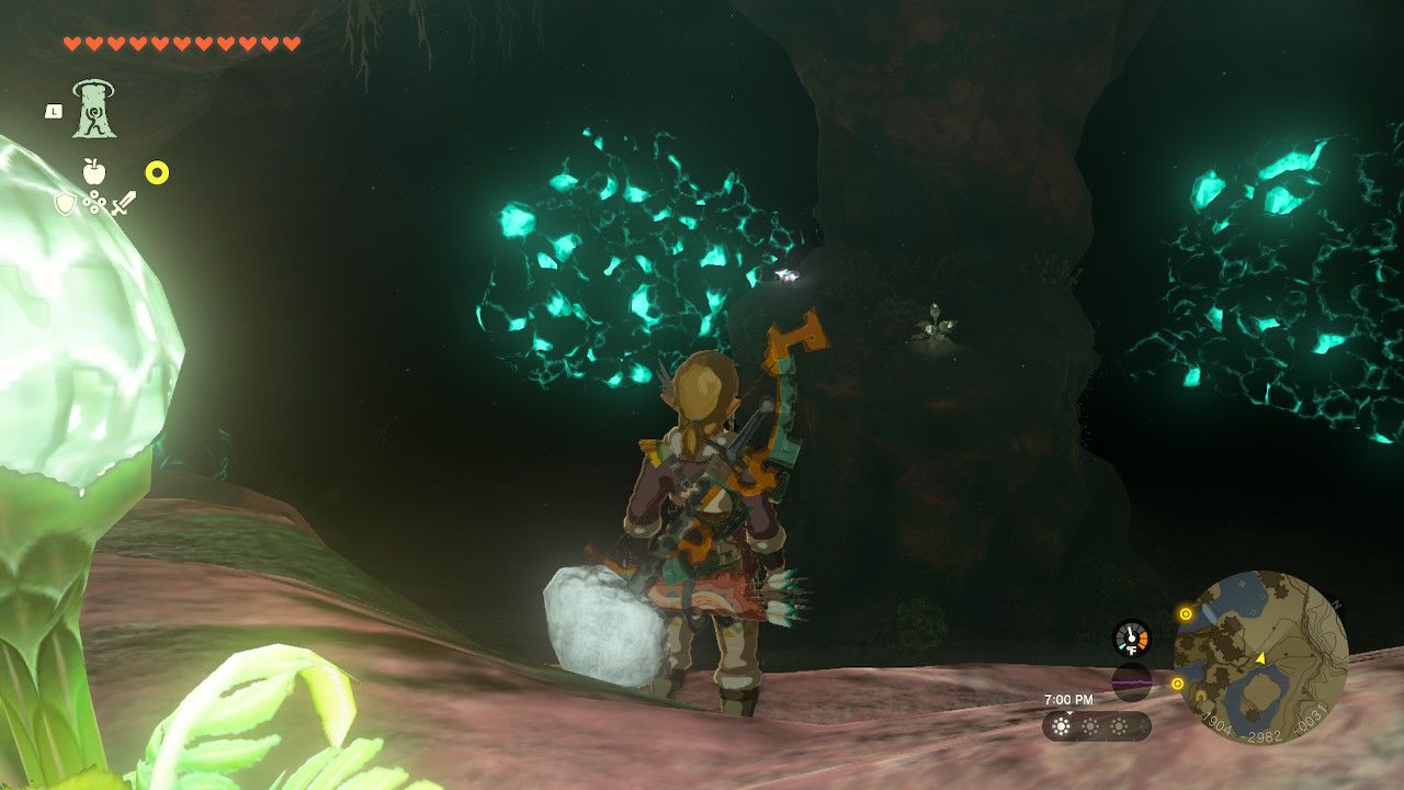 The Legend Of Zelda: Tears Of The Kingdom Link Looks Into Cave Room Filled With Luminous Stones
