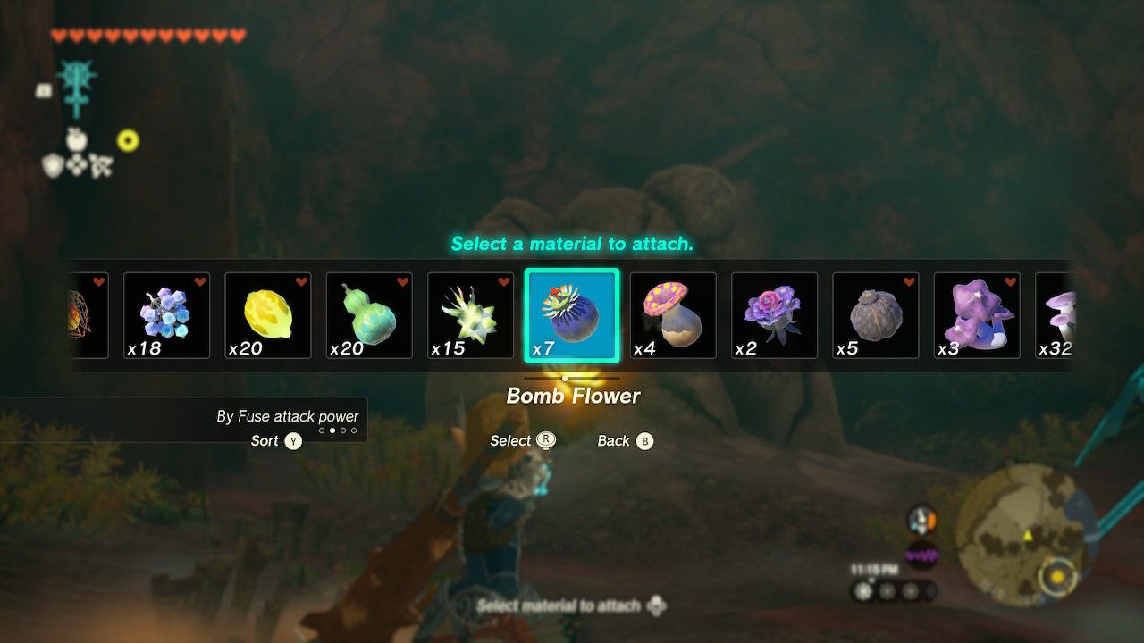The Legend Of Zelda: Tears Of The Kingdom Link Prepares To Fire Bomb Flower At Rock To Create Updraft