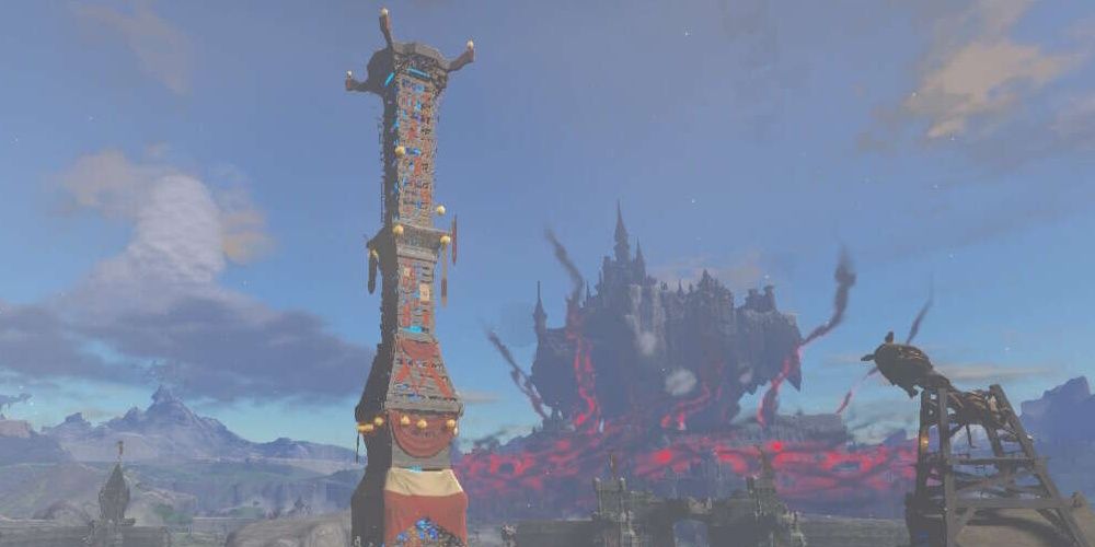 A skyview tower set before hyrule castle in The Legend of Zelda Tears of the Kingdom the video game