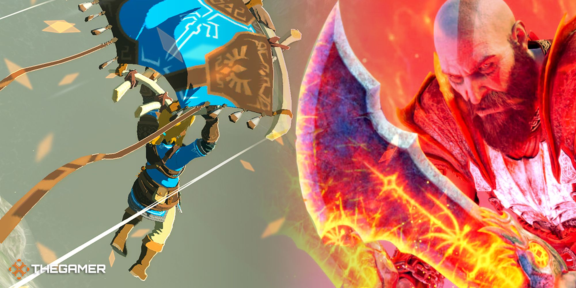 Link gliding on the left, Kratos with the Blades of Chaos on the right