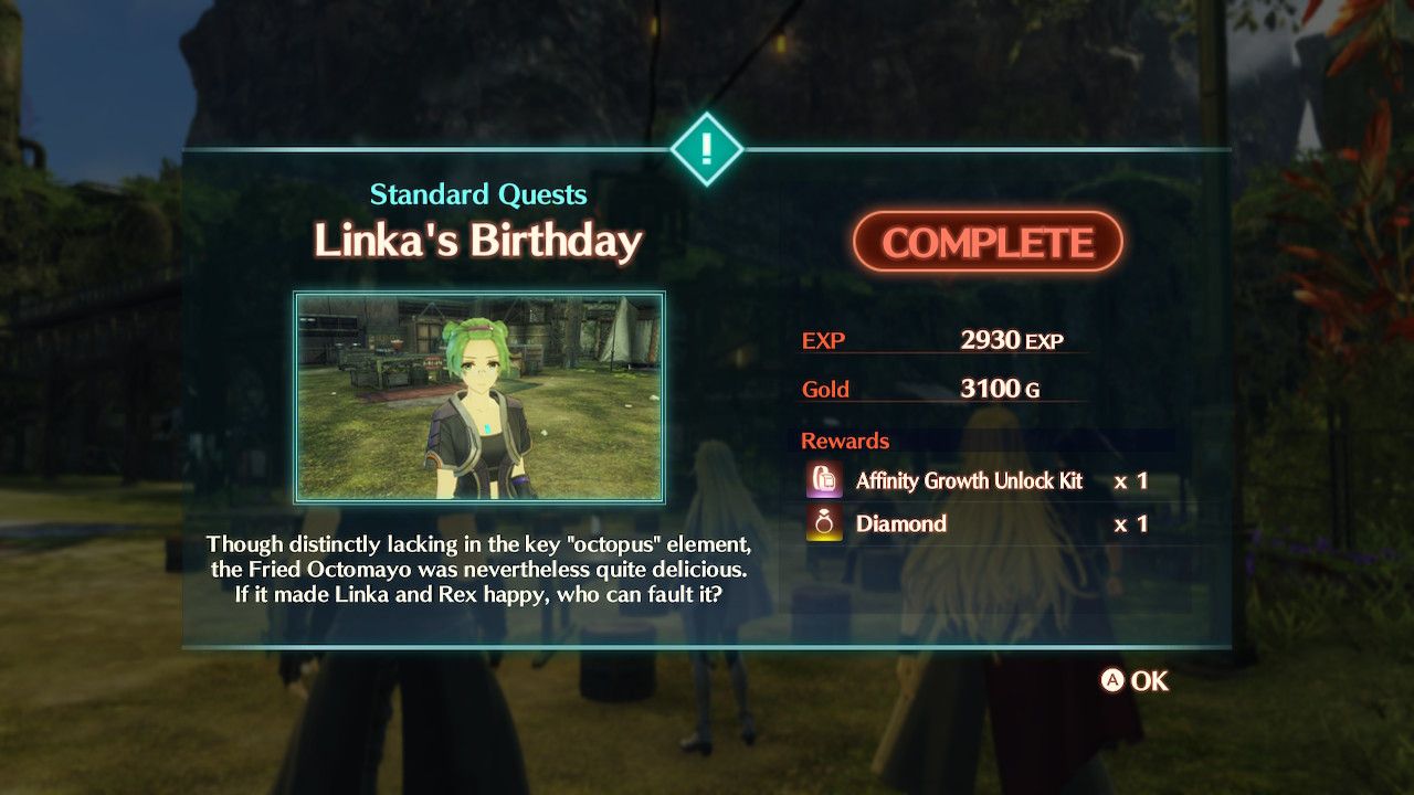 A screen showing that Linka's Birthday Quest was completed in Xenoblade Chronicles 3: Future Redeemed.