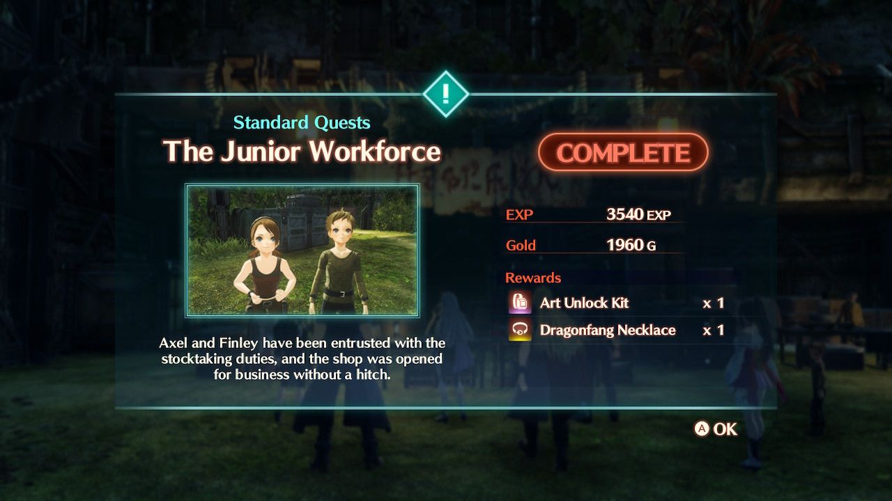 The screen that shows the rewards and information for completing The Junior Workforce quest in Xenoblade Chronicles 3: Future Redeemed.