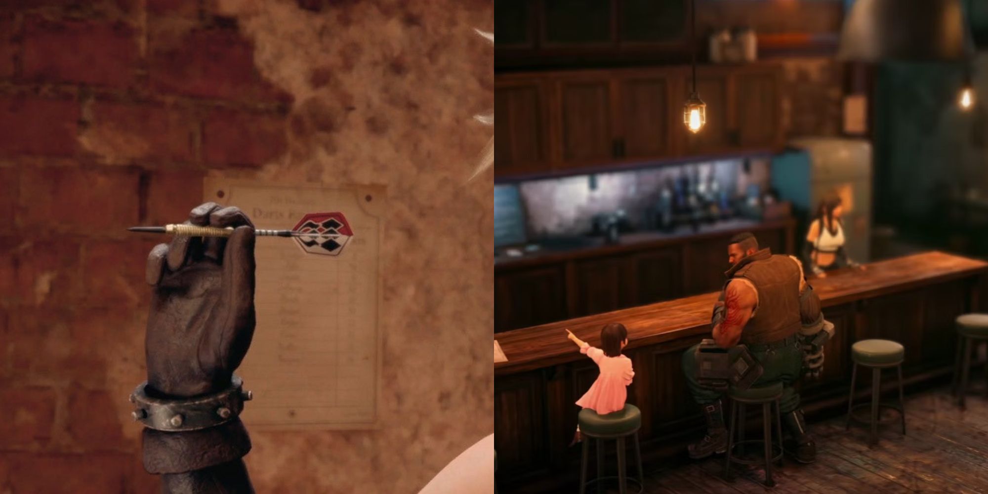 Cloud holds a dart (left) / Marlene, Barret, and Tifa at the bar (right)