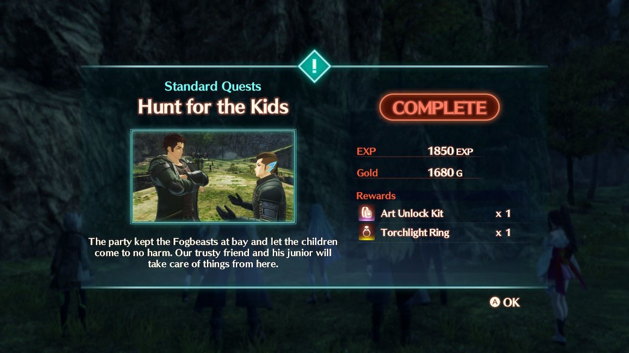 The complete screen with the listed rewards for Hunt for the Kids quest in Xenoblade Chronicles 3: Future Redeemed.