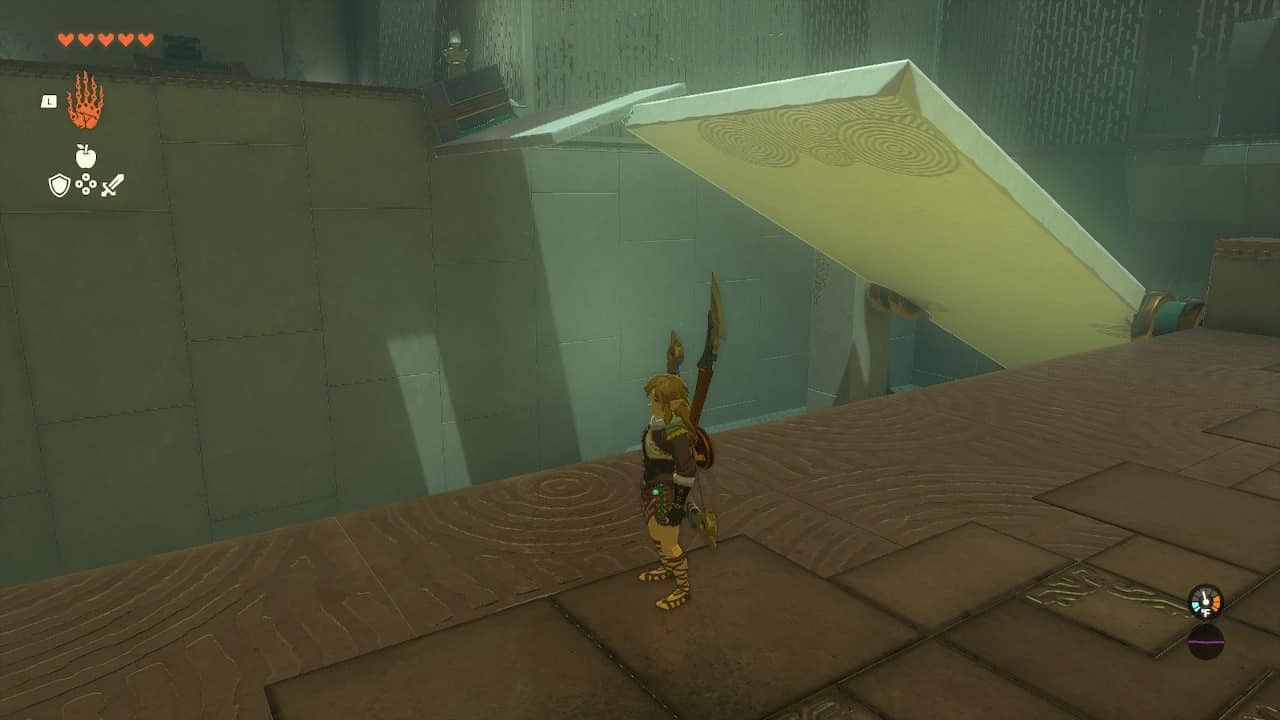 a bridge made of ultrahand fused materials leading to a treasure chest in the rotsumamu shrine tears of the kingdom