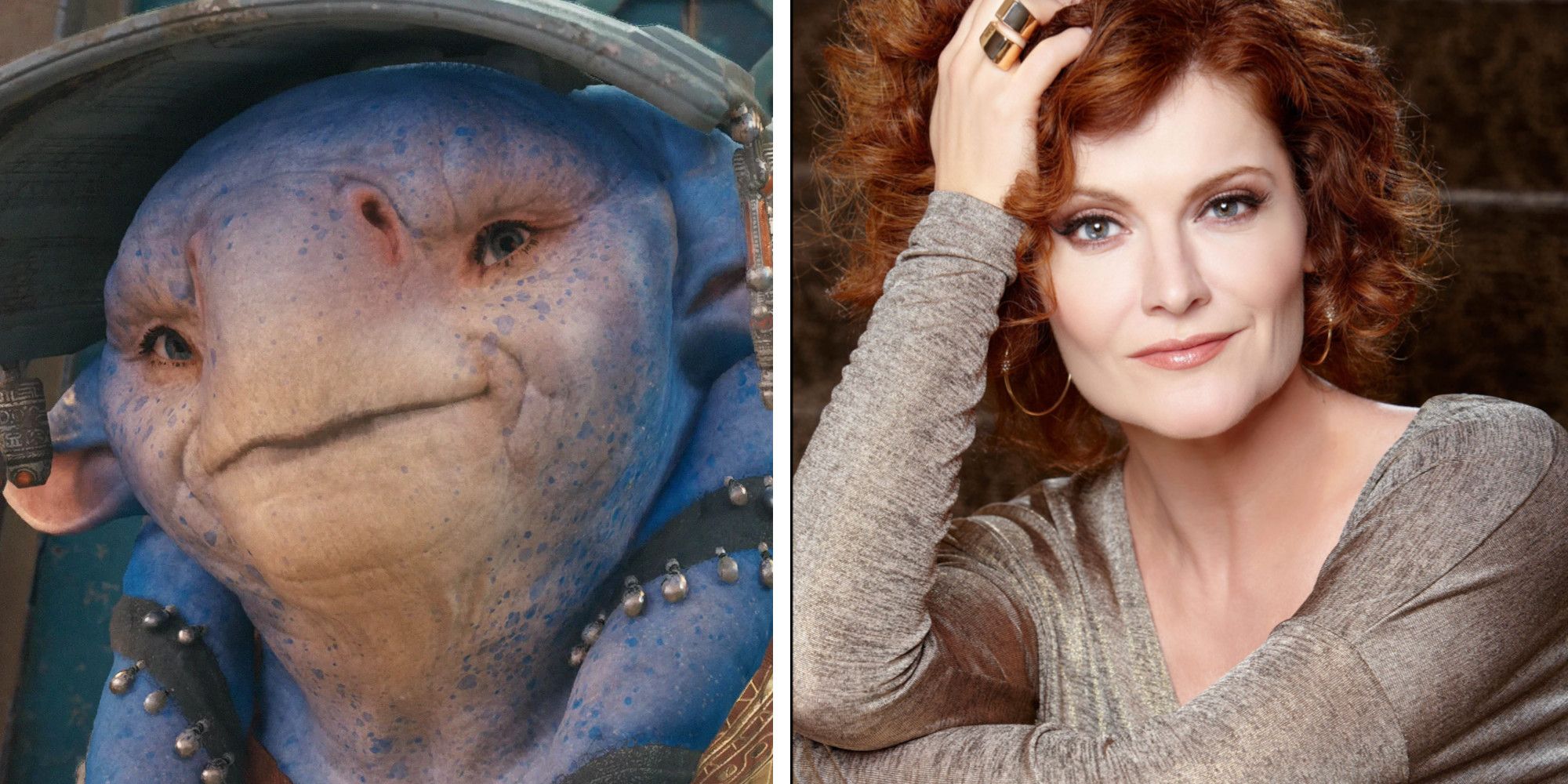 A headshot of Doma Dendra from Star Wars Jedi: Survivor, and a headshot of voice actor Rebecca Wisocky