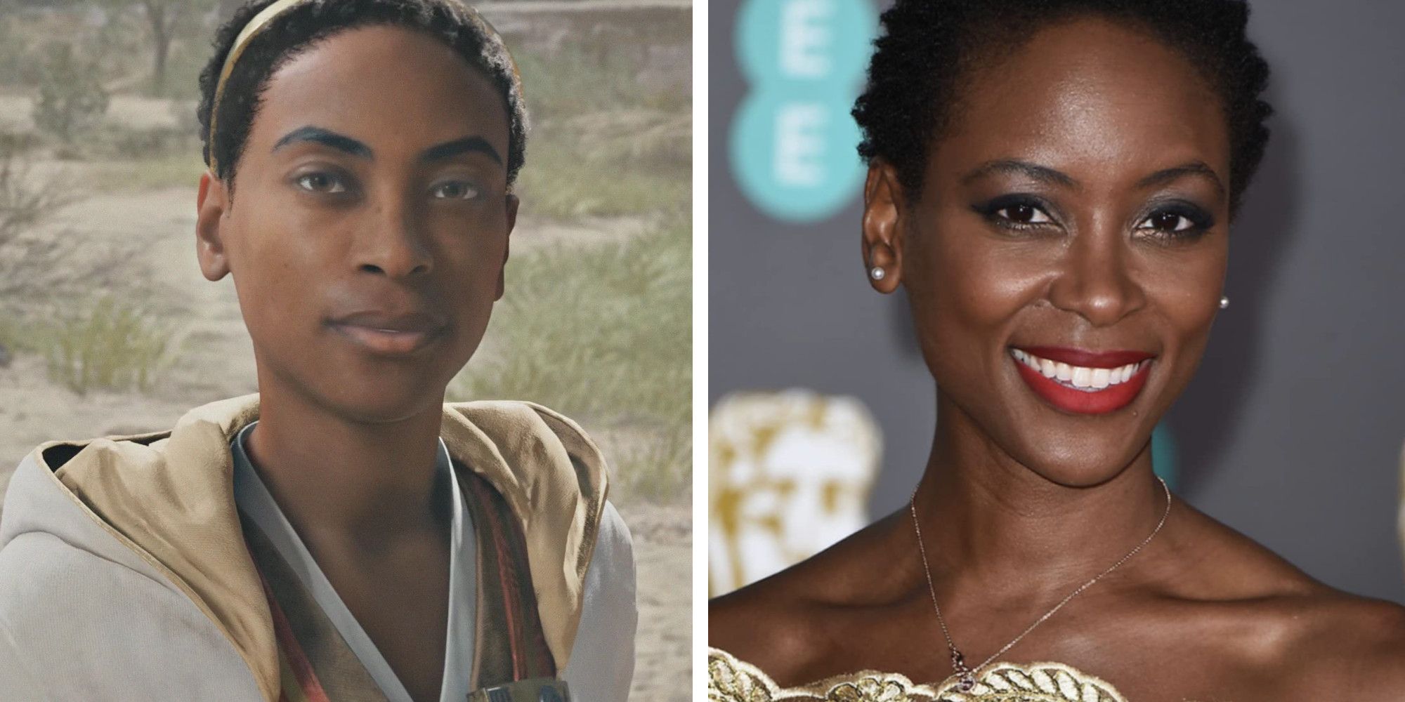 A headshot of Santari Khri looking forward from Star Wars Jedi: Survivor, and a photo of actor Tracy Ifeachor smiling