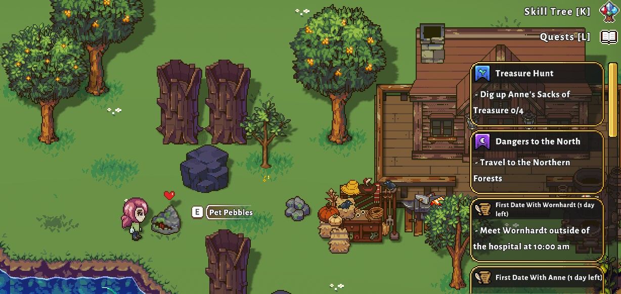 a human farmer on her farm petting pebbles, the pet you get in sun haven for defeating krusty