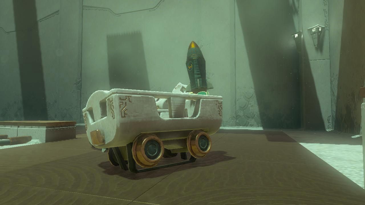 A minecart with a Zonai rocket attached pointing vertically in The Legend of Zelda Tears of the Kingdom