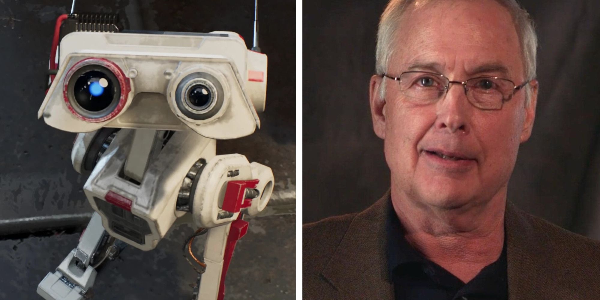 A screen capture of BD-1 looking forward from Star Wars Jedi: Survivor, and a headshot of voice actor Ben Burtt