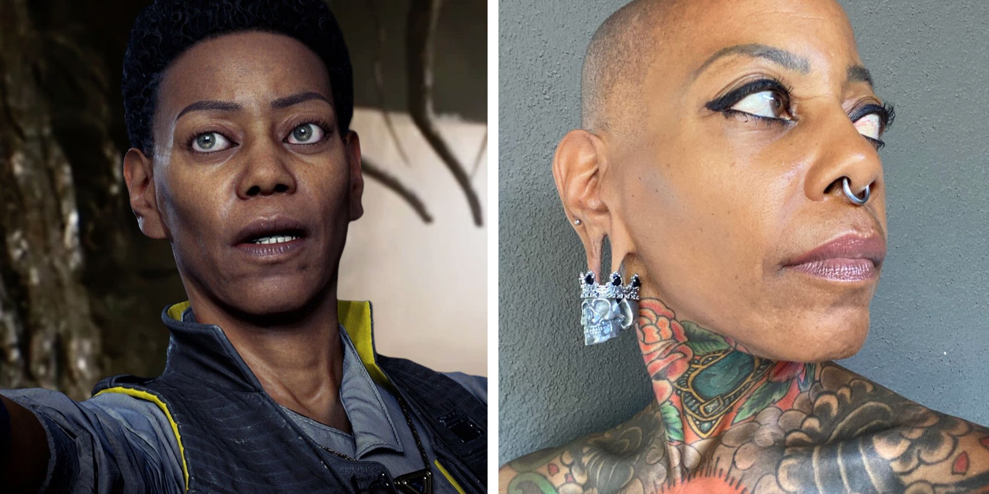 A screen capture of Cere Junda looking to the left from Star Wars Jedi: Survivor, and a photo of actor Debra Wilson looking to the right