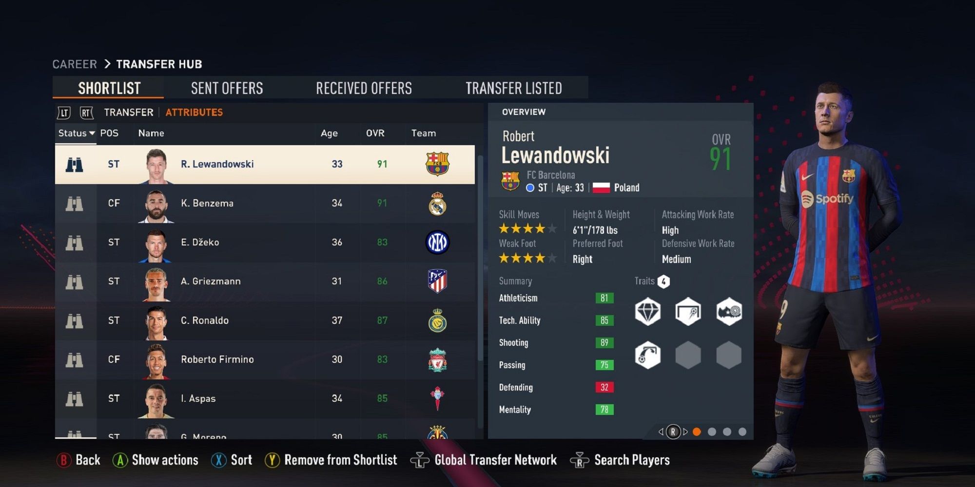 A screenshot of Robert Lewandowski in FIFA 23