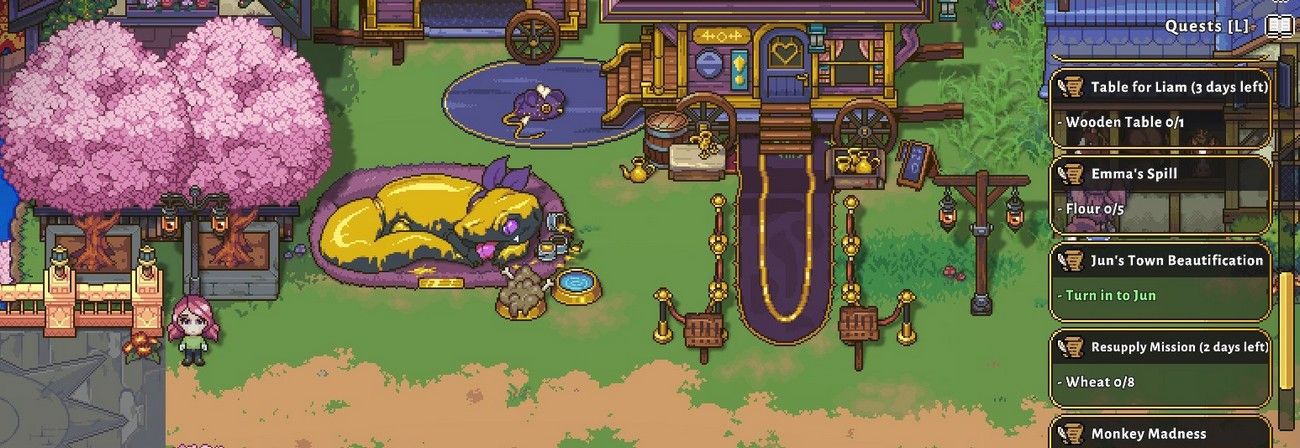 a sun haven farmer by anne's house, planing a flower for jun's town beautification on the bridge by the tavern in sun haven complete quest guide how to finish all quests