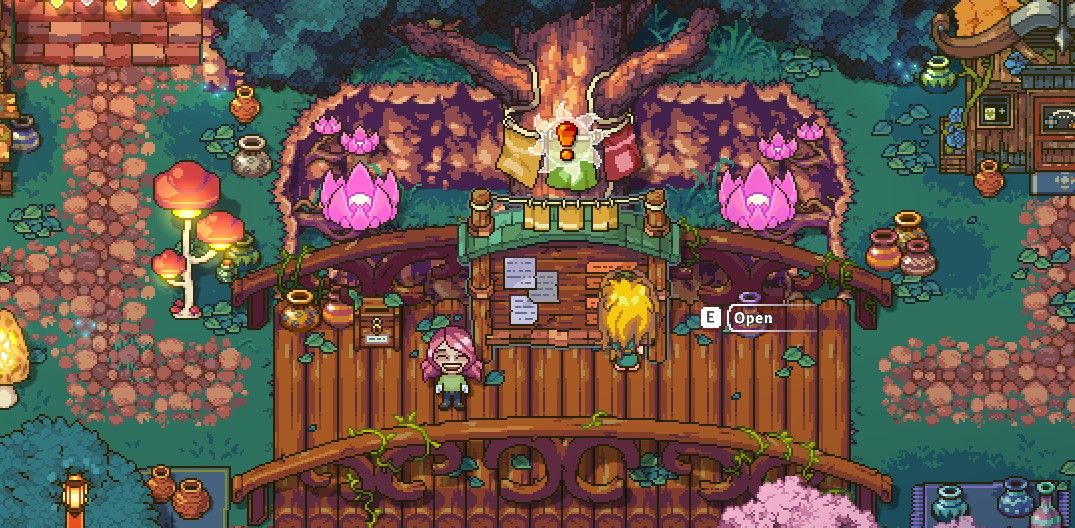 a sun haven farmer smiling next to the nel'vari bulletin board for our guide to every quest in sun haven