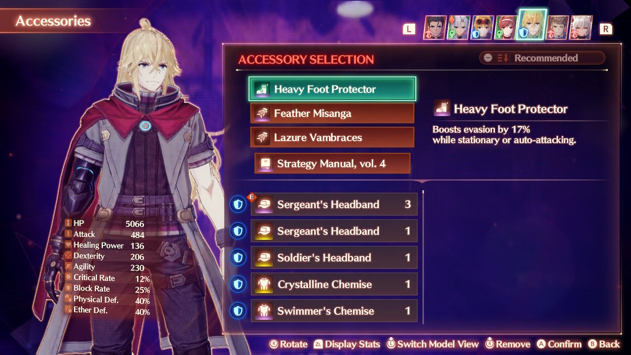 Shulk equipped with Heavy Foot Protector, Feather Misanga, Lazure Vambraces, and Strategy Manual, vol. 4 in Xenoblade Chronicles 3: Future Redeemed.
