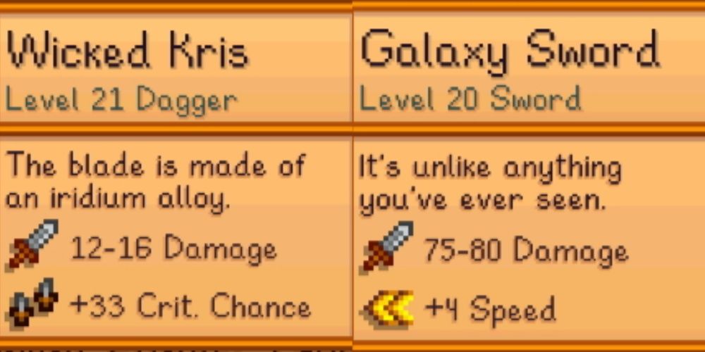 Wicked Kris and Galaxy Sword with different stats in Stardew Valley.