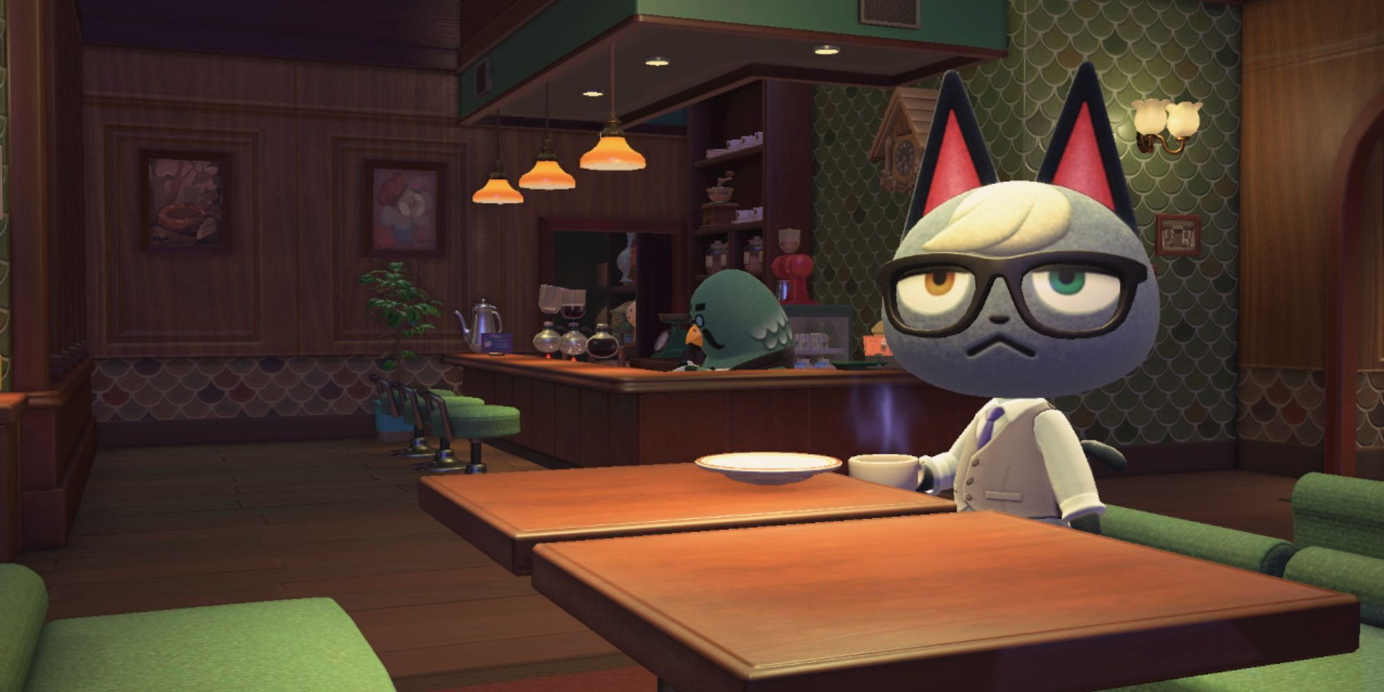 Raymond drinks coffe at The Roost in Animal Crossing: New Horizons.