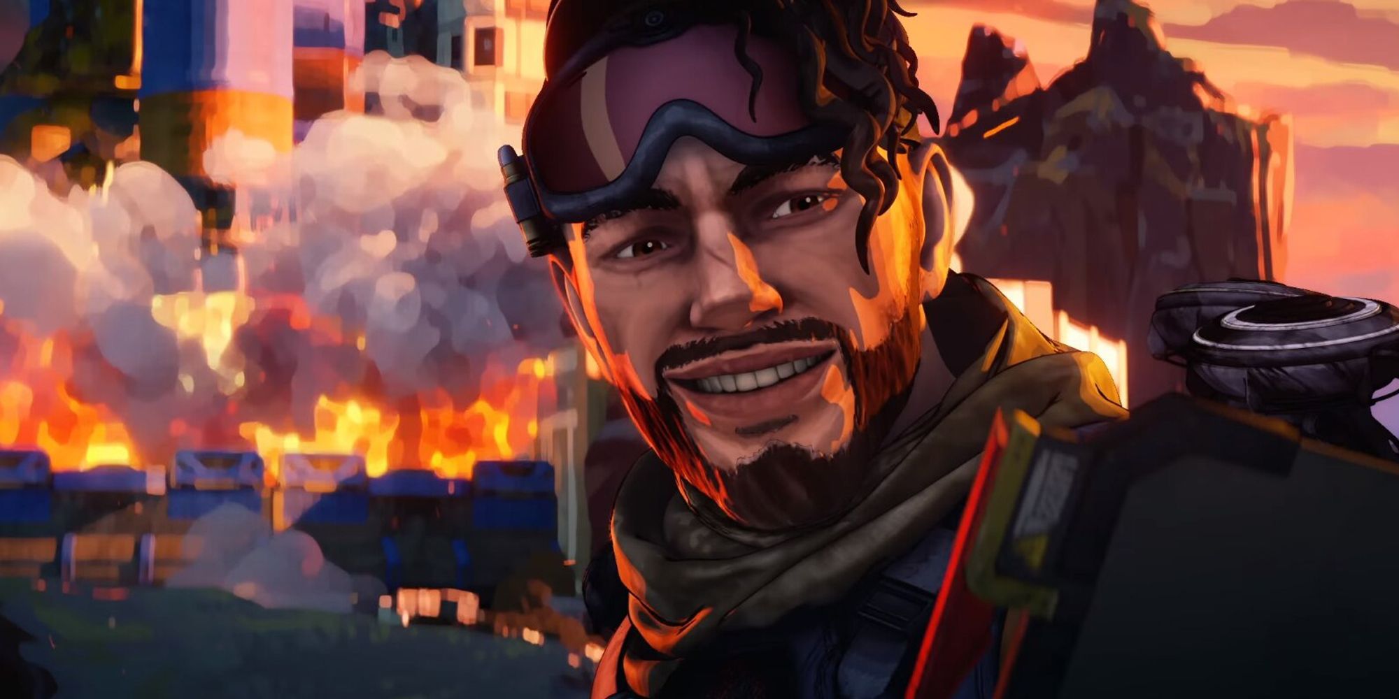 Mirage smiling at the camera while something is burning in the background.