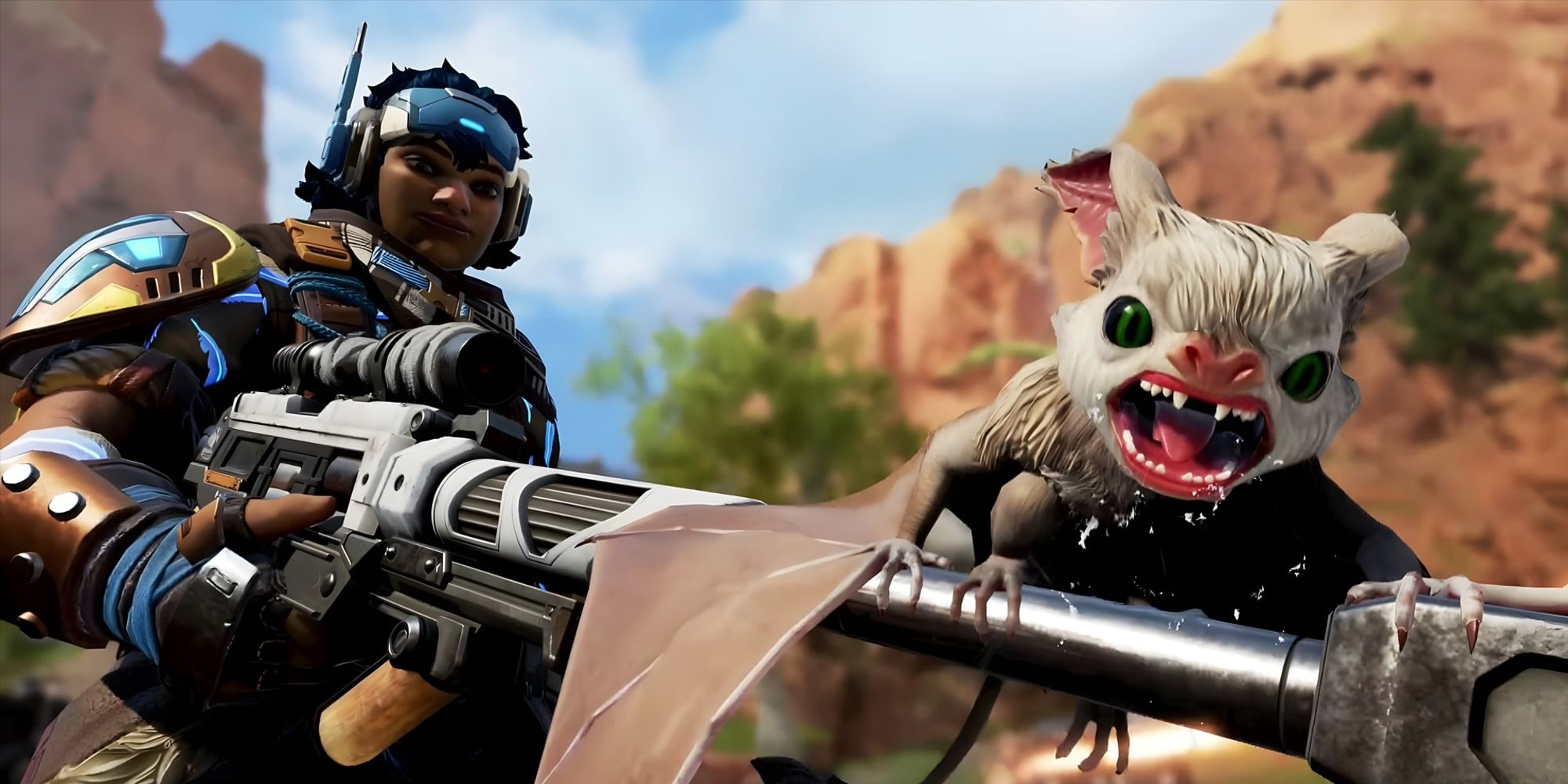 Vantage smiling at her pet Echo, which is standing on hers rifle and opening its muth in a menacing way.