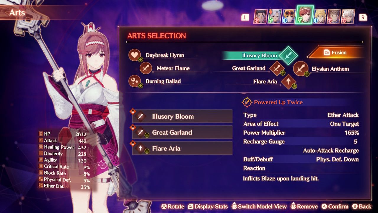 A screen of Glimmer's Arts and how they're arranged for Fusion Arts in Xenoblade Chronicles 3: Future Redeemed.