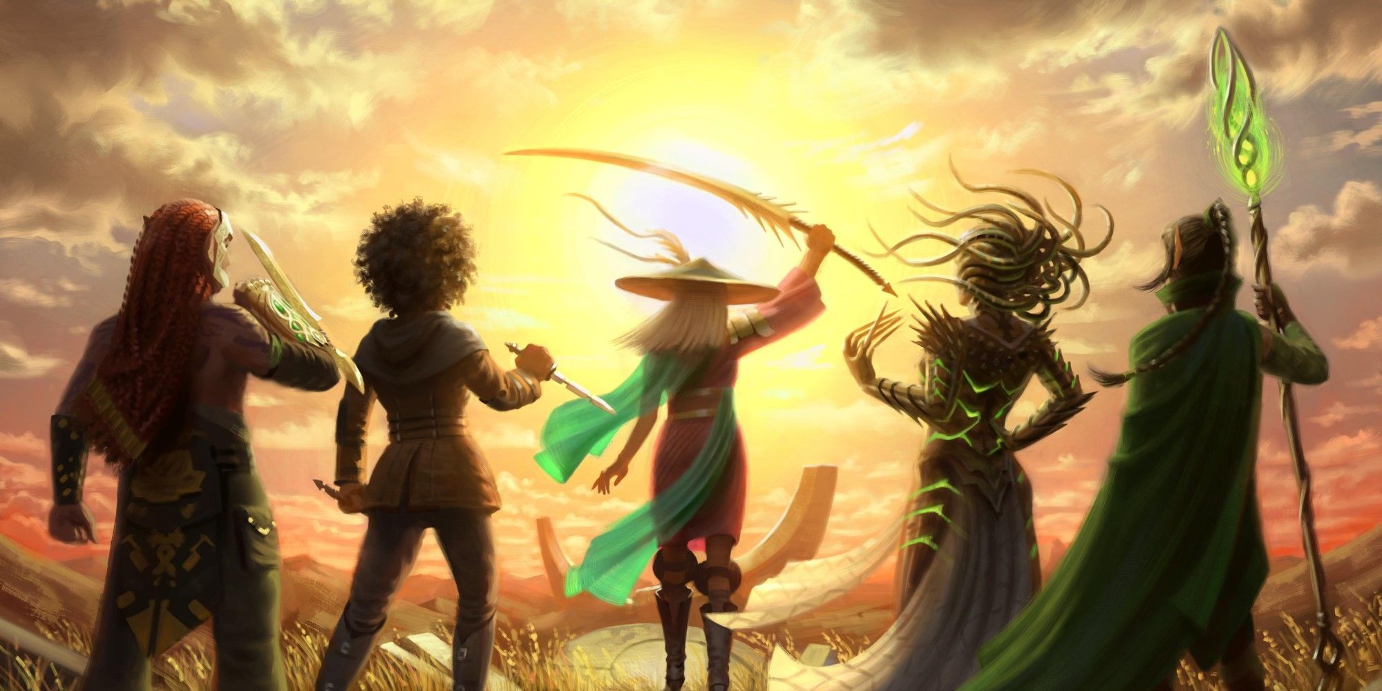 MTG Five planeswalkers looking at a sunset