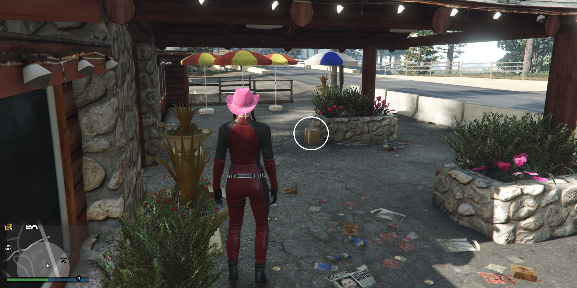 Image depicts a female character in GTA Online at Bayview Lodge stood outside the main entrance to the building. To the right of the image, there are two stone planters with pink flowers in, and the box for G's Cache is sat on the floor next to the planter on the left.