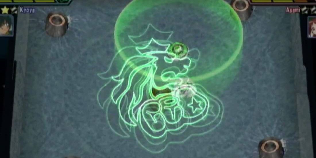 Two Beyblades battle it out