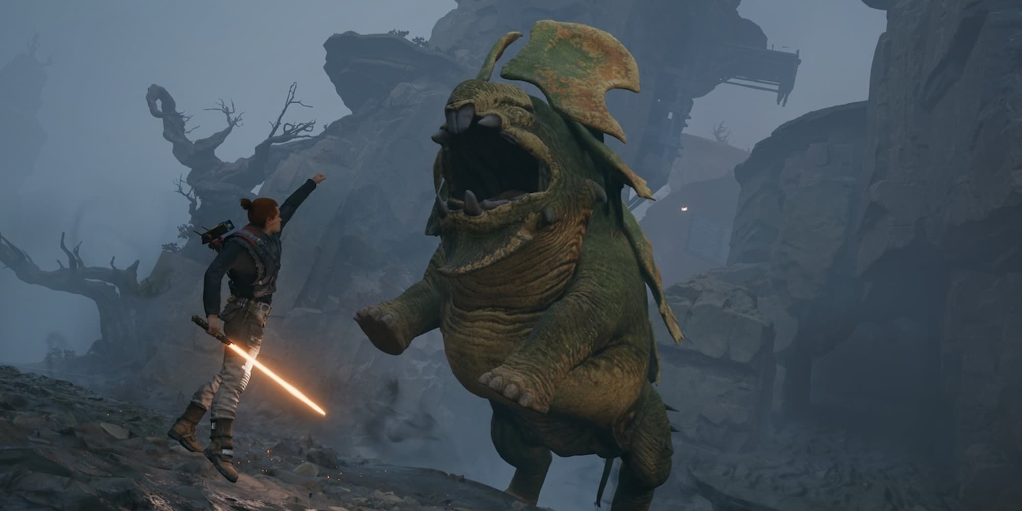 Cal Kestis raises his hand to use the force against a Vile Bilemaw in Star Wars Jedi: Survivor.