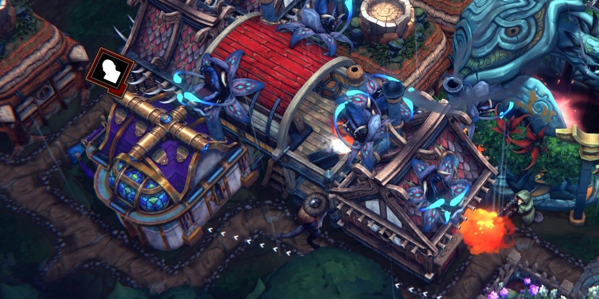 Some buildings infested by Blightrot Cysts, which look like strange flowers. Blight Fighters shoot flames at the Cysts to destroy them