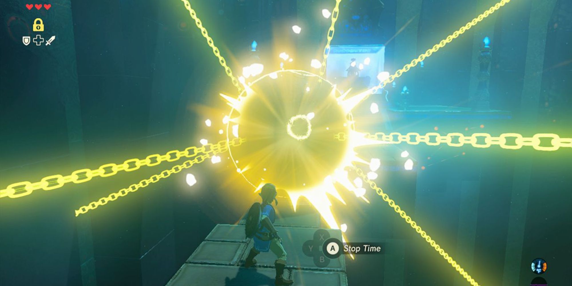 Zelda Breath Of The Wild Link using Stasis on a giant stone ball