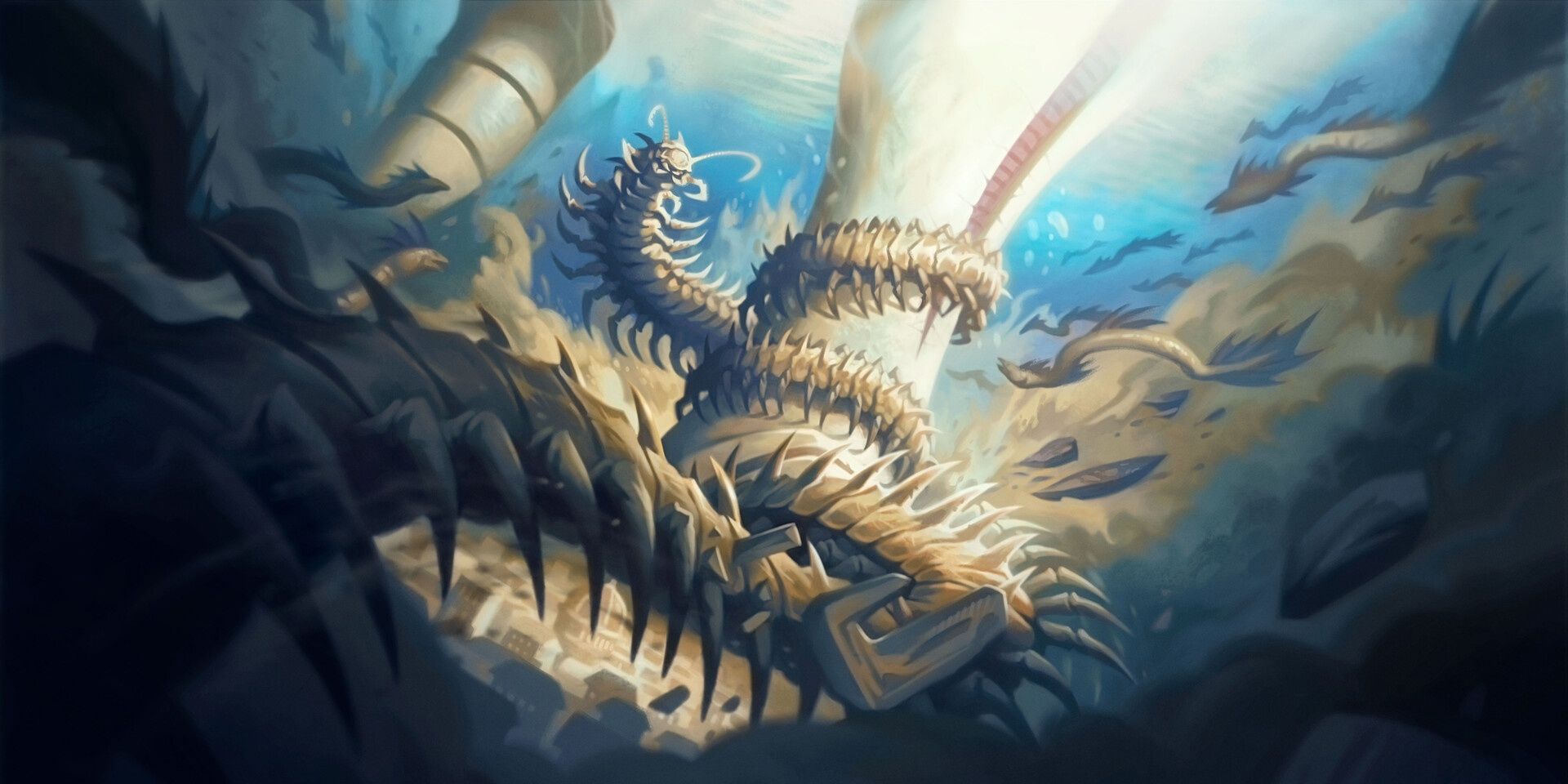 Sea Centipede coils around underwater tower in Magic: The Gathering.
