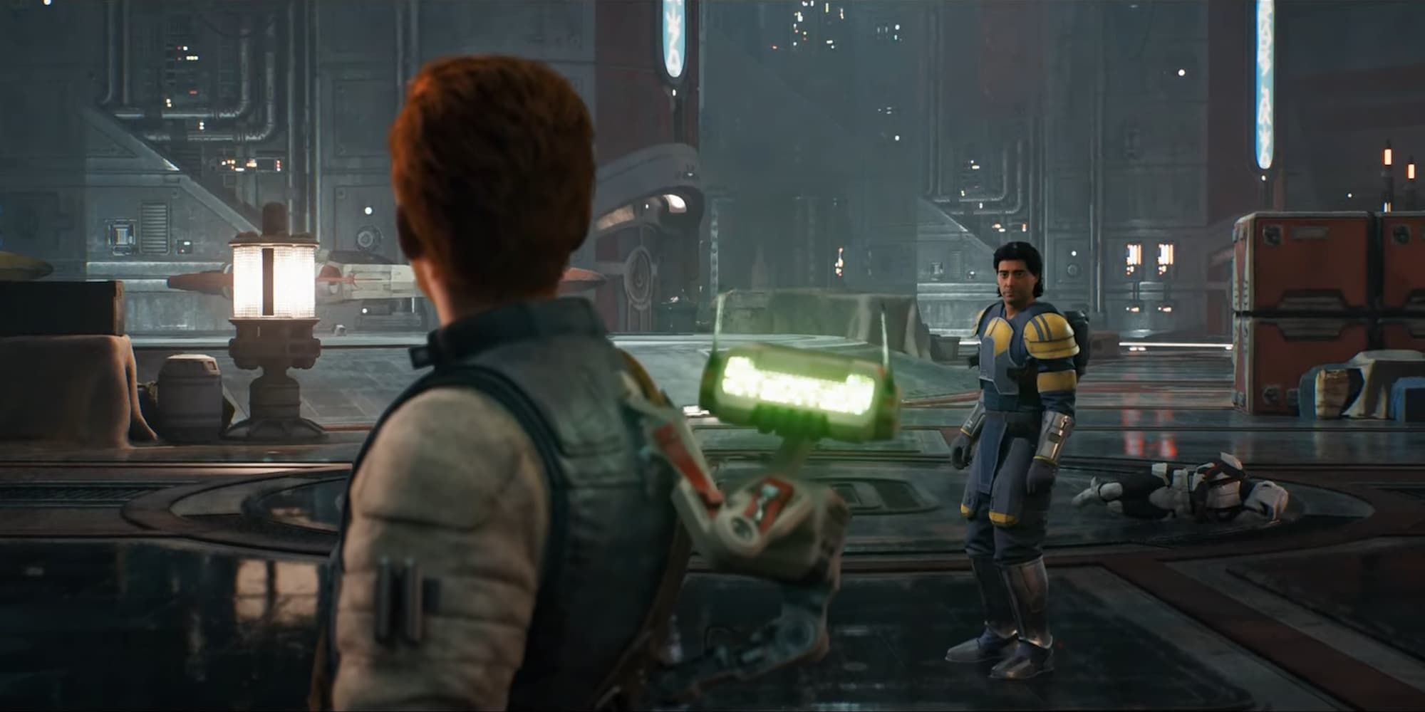 Bode Akuna turns to look at Cal Kestis before their part ways on Coruscant in Star Wars Jedi: Survivor.