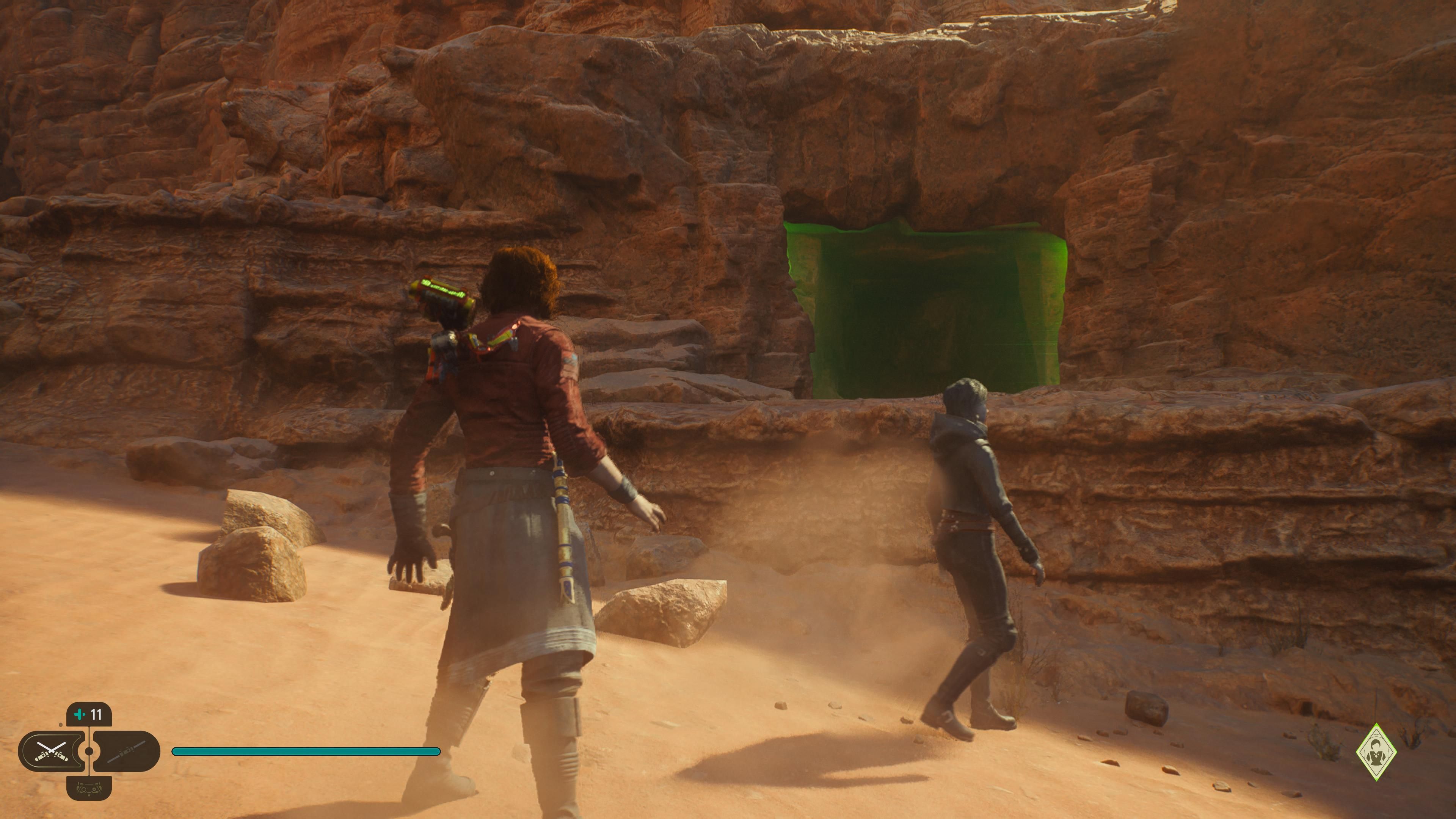 Cal and Merrin in Desert Ridge near force field in Jedi Survivor