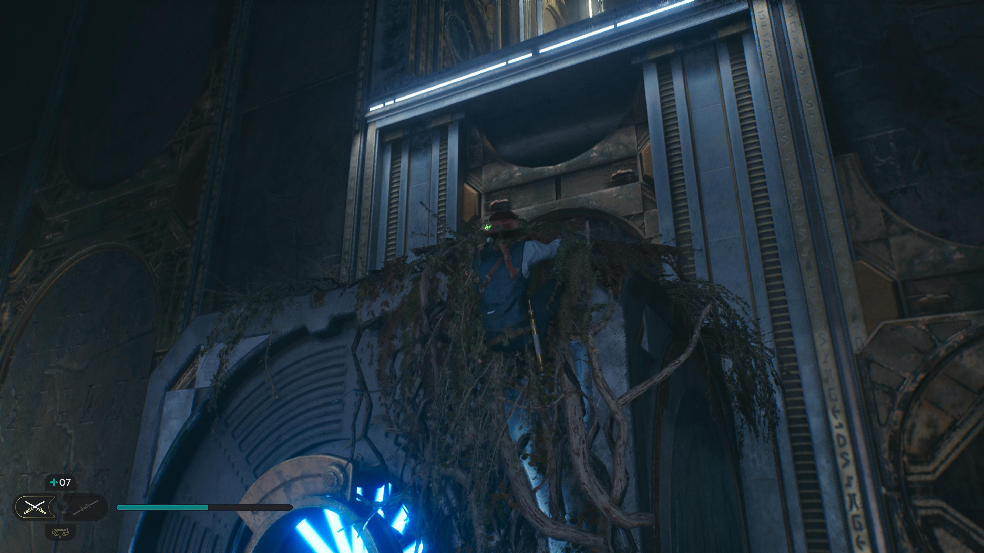 Cal climbing a block in the Chamber of Detachment in Jedi Survivor