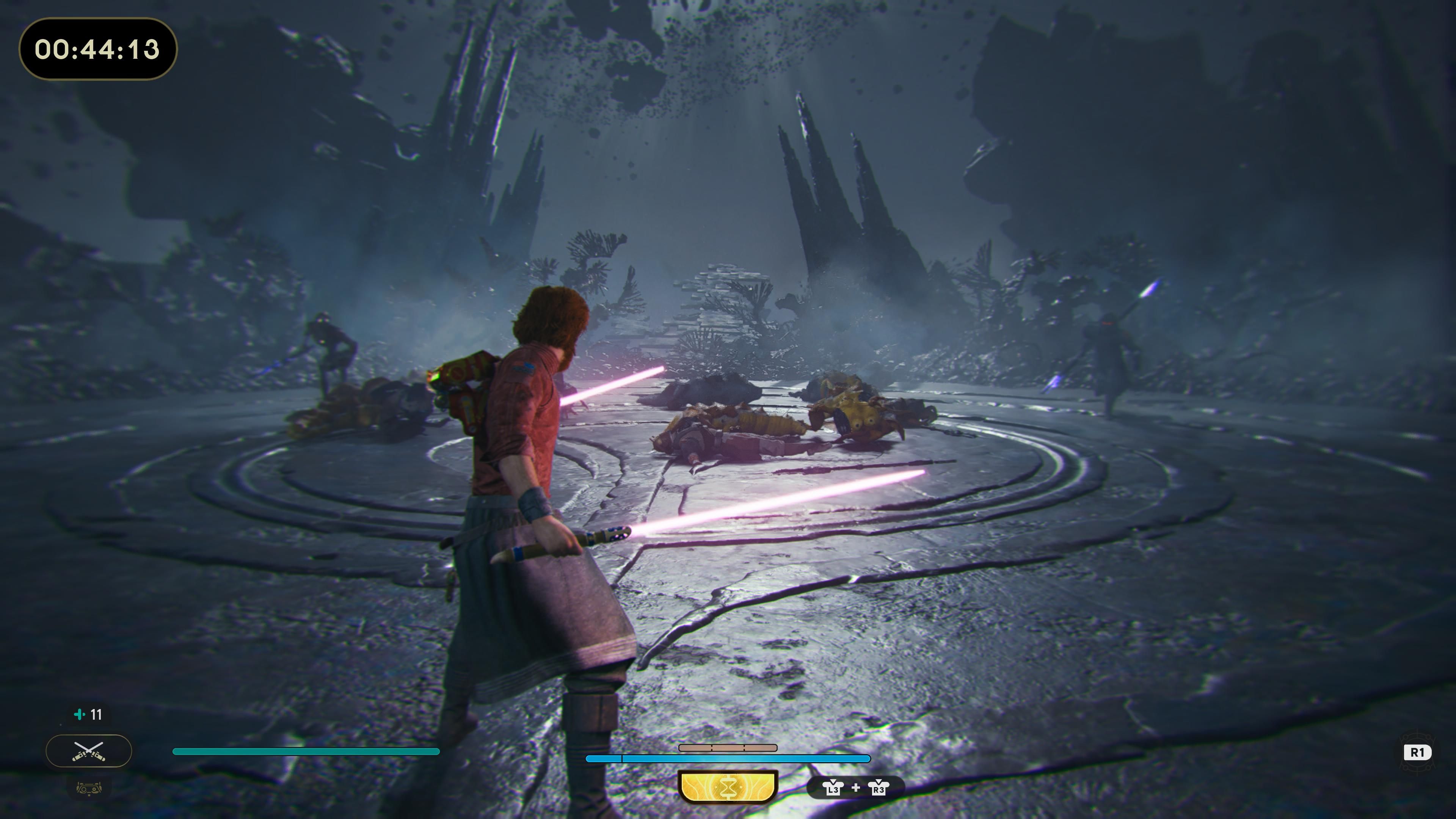 Cal fighting a BX droid and a Purge Trooper