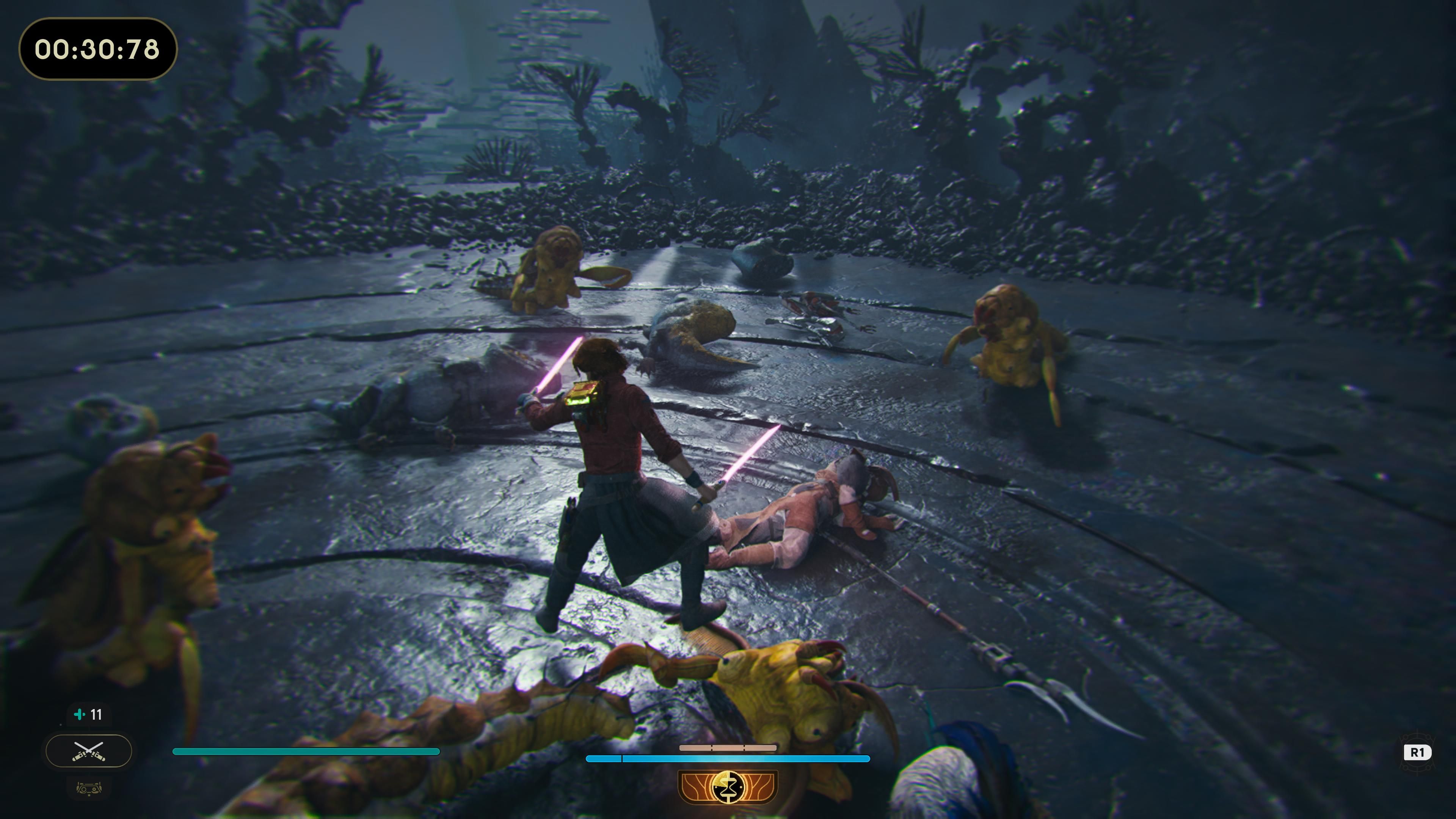 Cal fighting Shiverpedes in Jedi Survivor