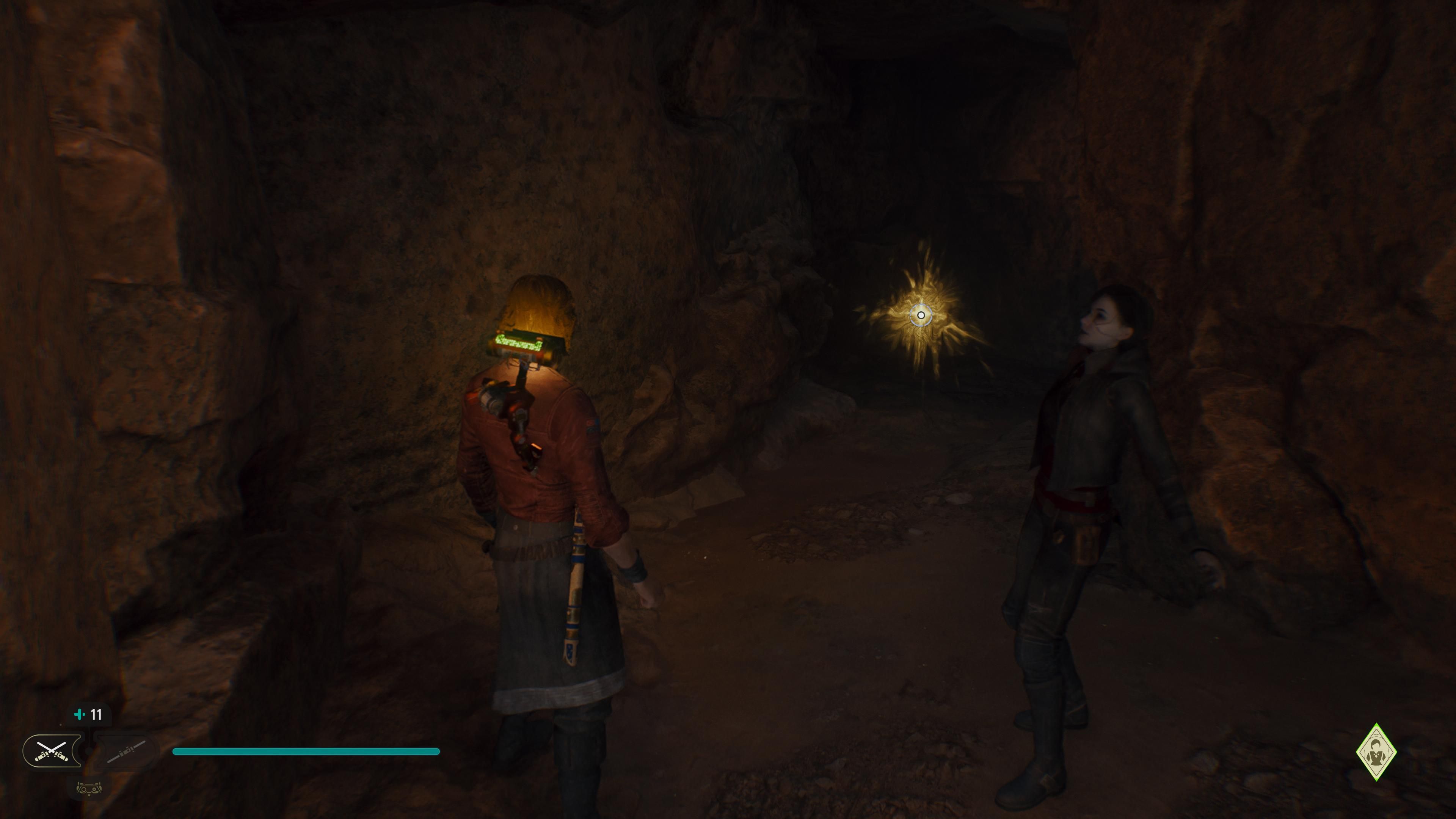 Cal in a cave near a force tear in Jedi Survivor