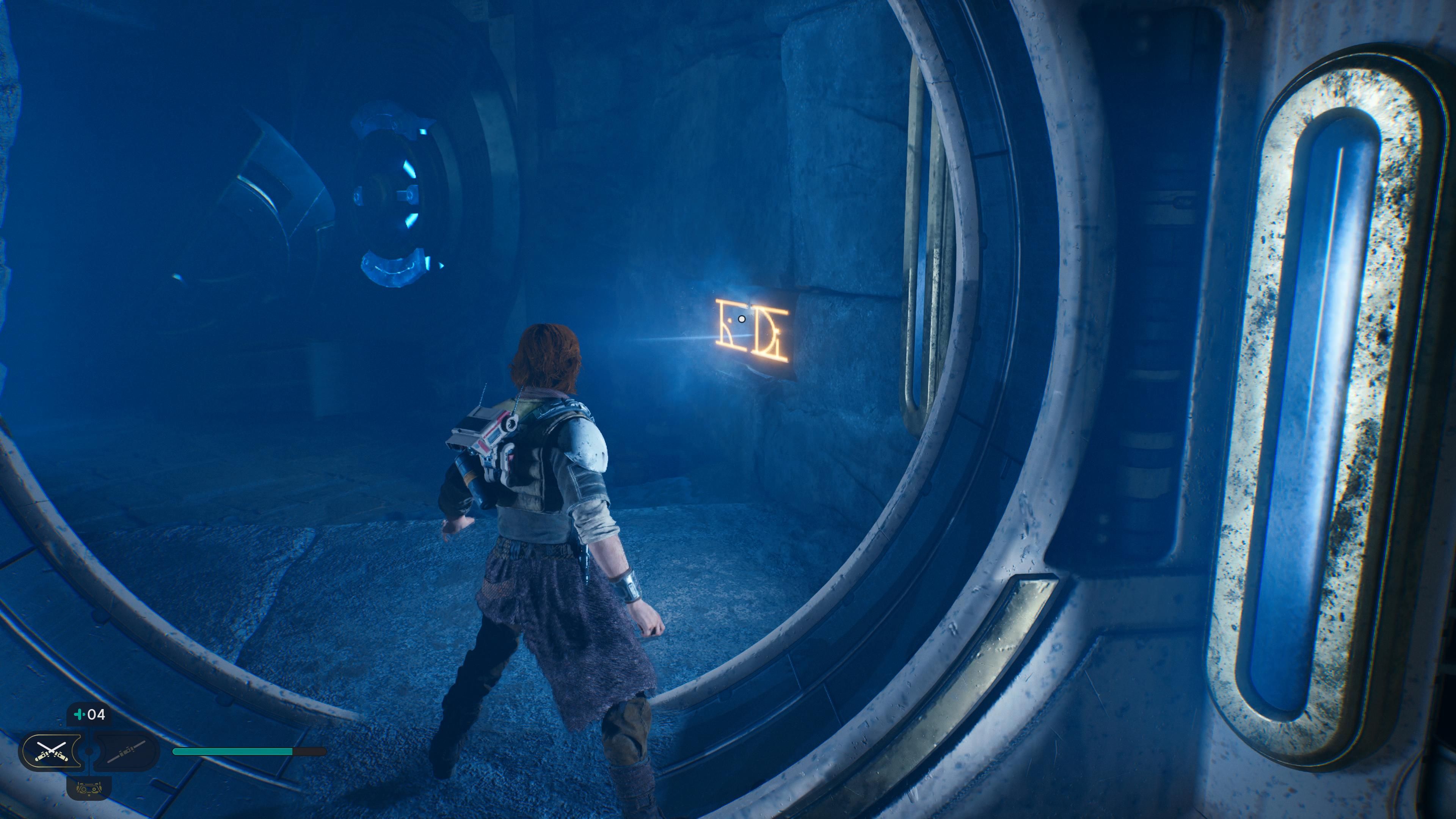Cal in a doorway next to a force echo in the chamber of clarity in Jedi Survivor