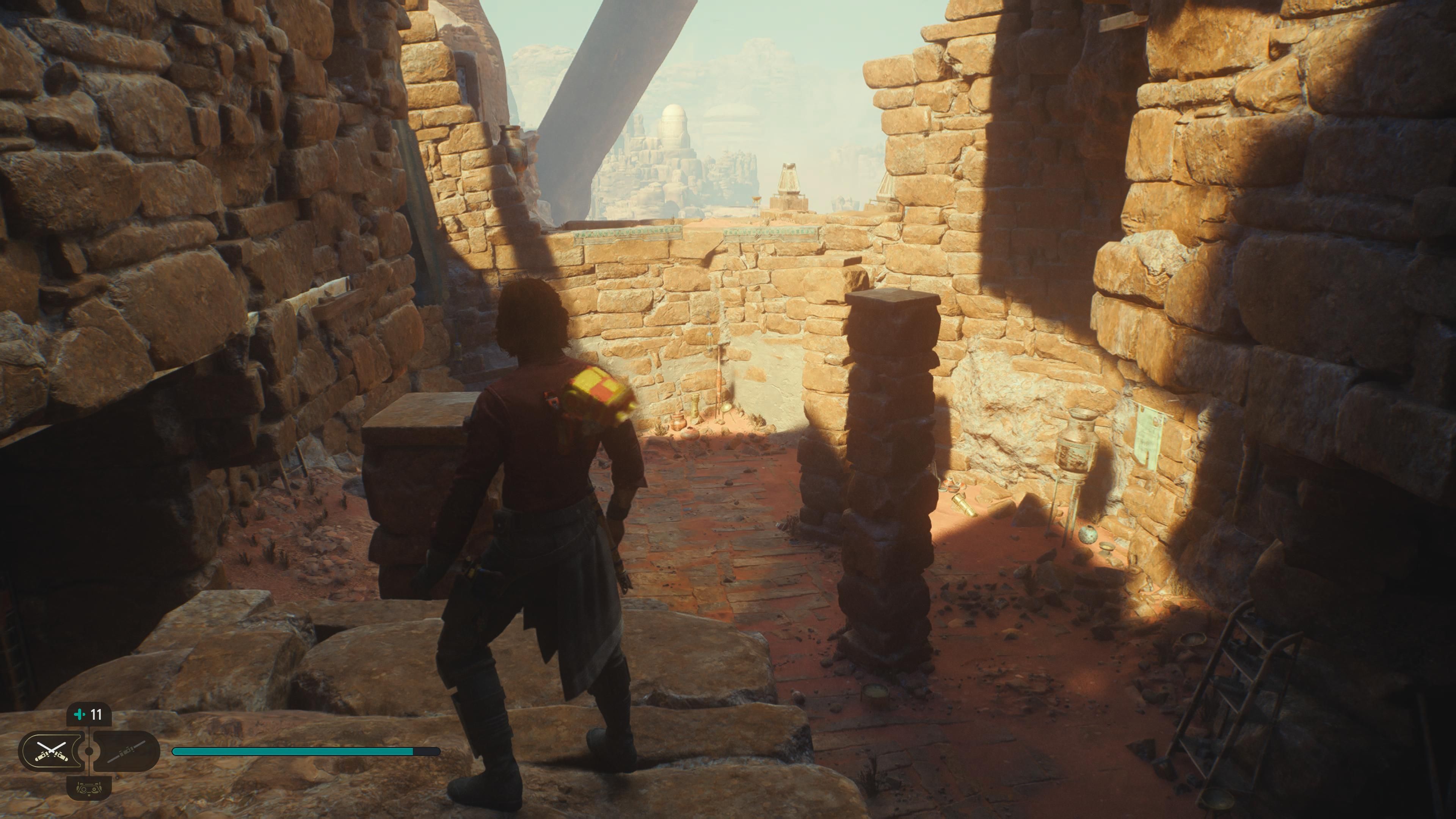 Cal jumping on pillars on Jedha in Jedi Survivor
