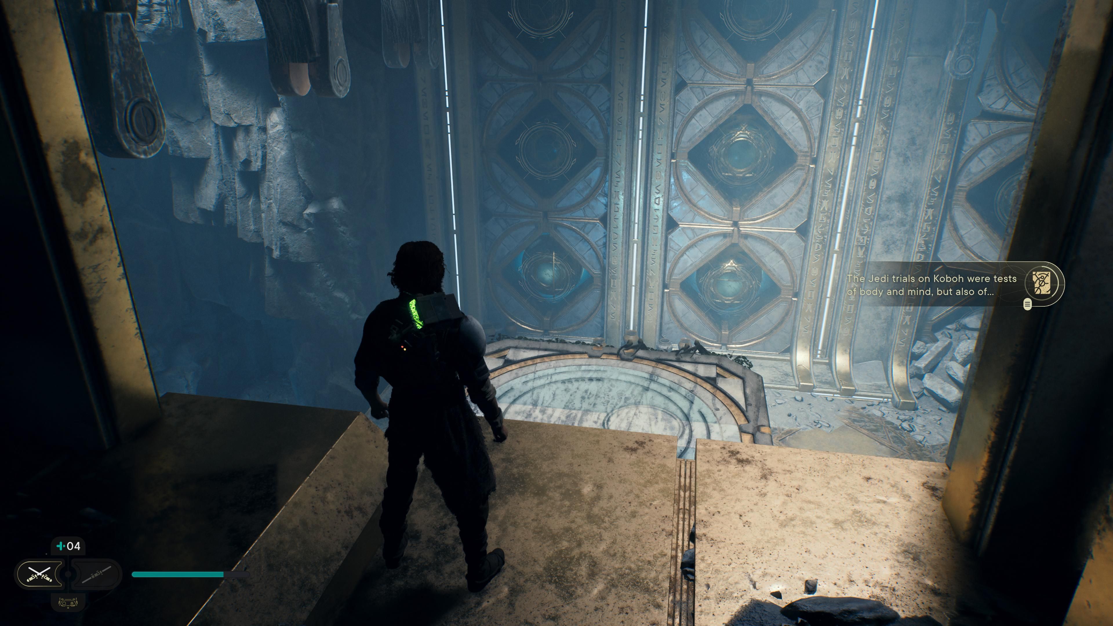 Cal on a ledge pushing a block in the chamber of clarity in Jedi Survivor